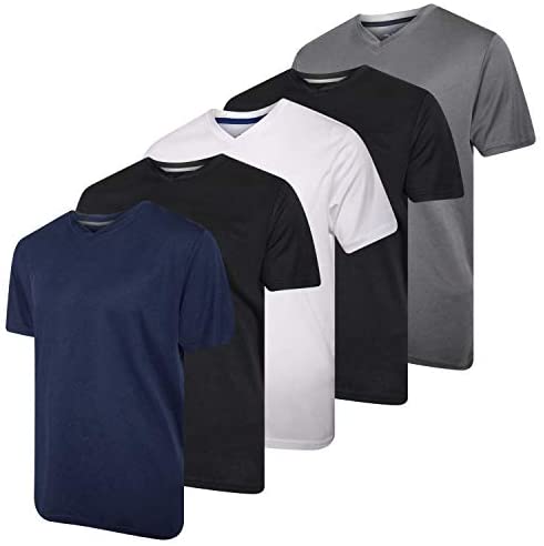 Real Essentials 5 Pack Men’s V-Neck Mesh Moisture Wicking Active Athletic Performance Short Sleeve T-Shirt